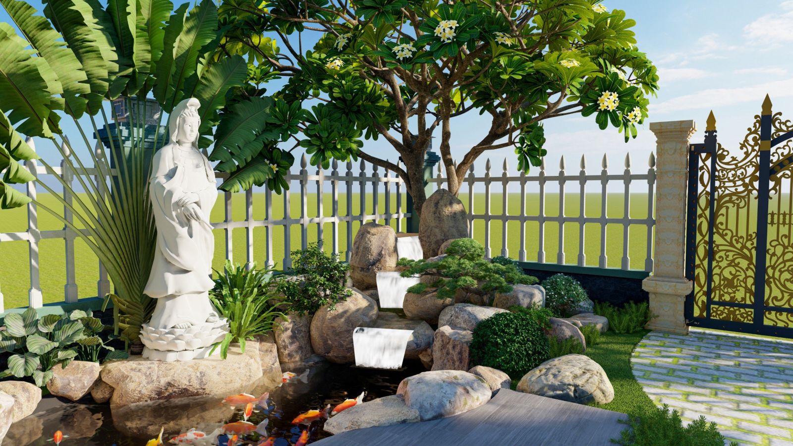 Tượng Phật Bà Quan Âm mang yếu tố tâm linh trong sân vườn á đông